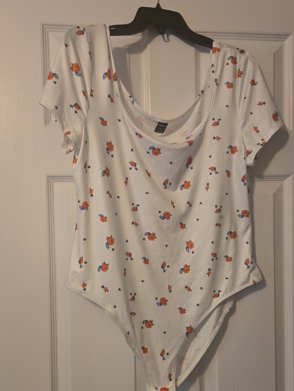 SHEIN White Floral Scoop-Neck Bodysuit with Orange and Blue Flowers